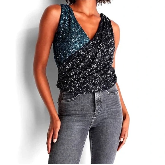 NEW Express Sequin Color Block Faux Wrap Tank- Large New Year’s Christmas Party - Picture 1 of 6